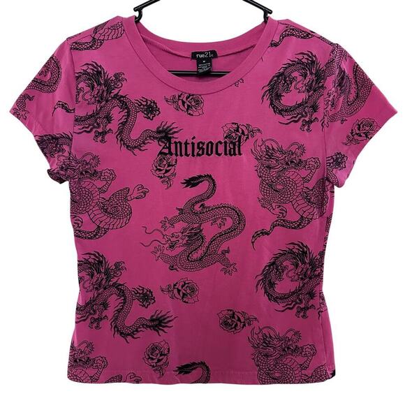 Rue21 Y2K Antisocial Rose Dragon Print Top Short Sleeve Crewneck Pink Black SZ M - Picture 6 of 9